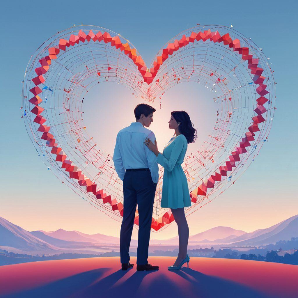 A whimsical illustration of a heart entangled with intricate statistical graphs and models, showcasing love as a mathematical equation. In the background, a couple is depicted in an affectionate pose, symbolizing the fusion of passion and statistics. Bright colors represent various emotions, while a light blue sky adds a soft, romantic touch. The overall design combines elements of both romance and data science, inviting the viewer to explore the intersection of love and numbers. vibrant colors. digital art.