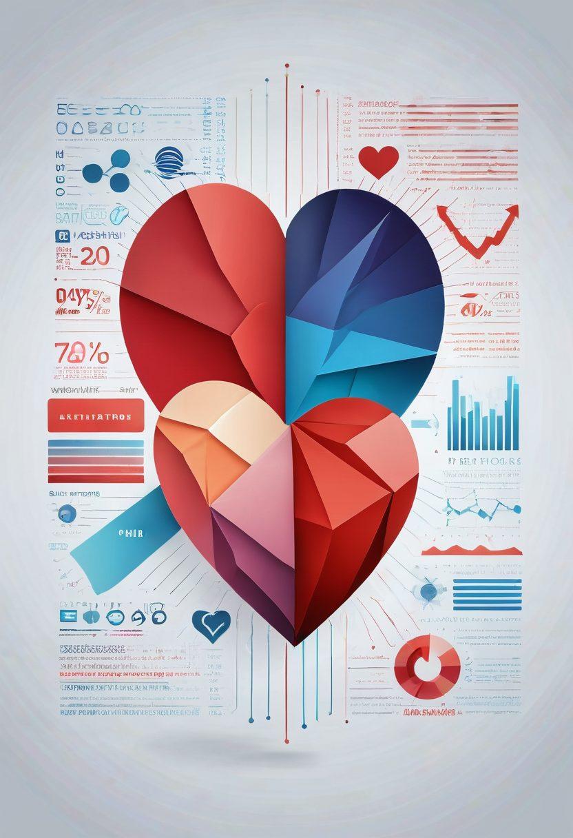 A heart divided into sections representing various statistics and charts, intertwined with symbols of communication like speech bubbles and message icons. The background features a soft gradient that transitions from warm reds to calming blues, symbolizing love and trust. Hands reaching towards each other from both sides to connect, showcasing the blend of science and emotion in relationships. super-realistic. vibrant colors. white background.